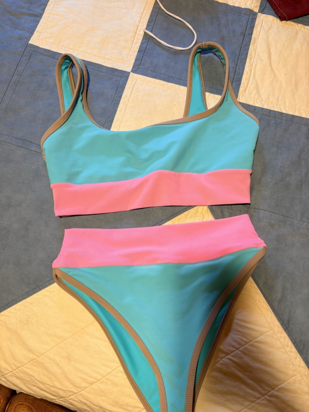 LainSnow Aqua and Pink Ribbed High-Waist Bikini Set
